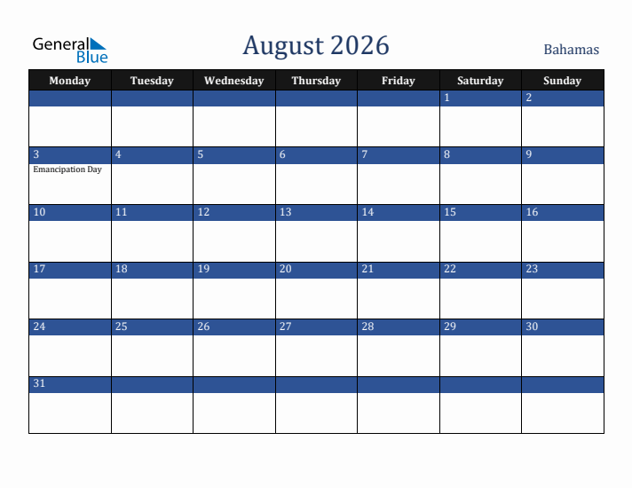 August 2026 Bahamas Calendar (Monday Start)