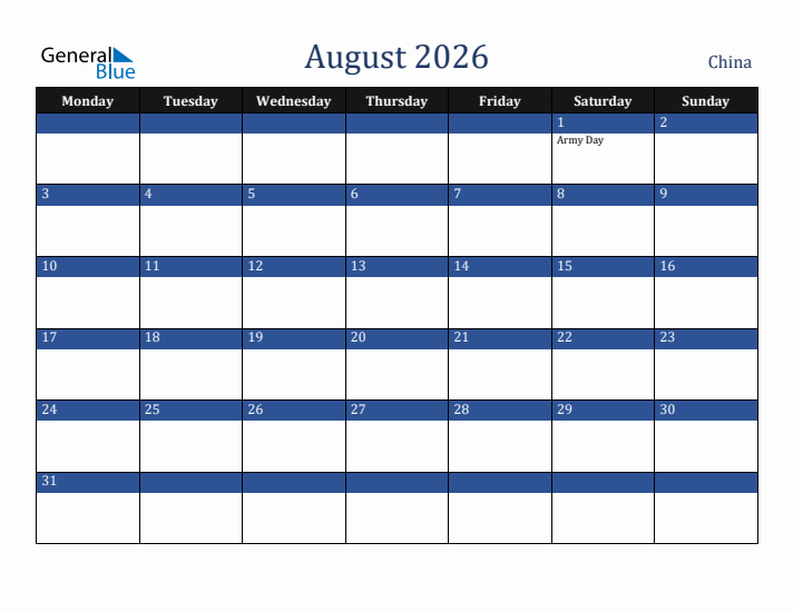 August 2026 China Calendar (Monday Start)