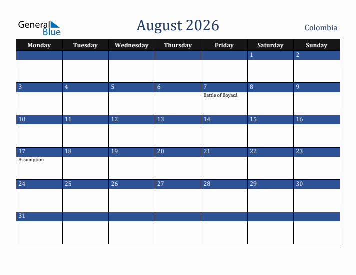 August 2026 Colombia Calendar (Monday Start)
