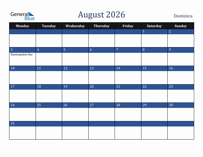August 2026 Dominica Calendar (Monday Start)