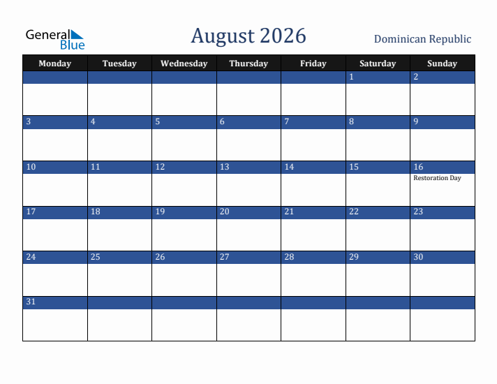 August 2026 Dominican Republic Calendar (Monday Start)