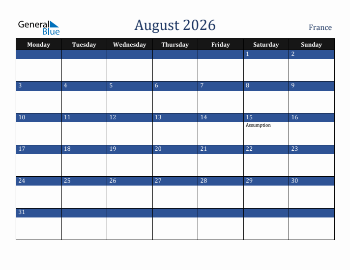 August 2026 France Calendar (Monday Start)
