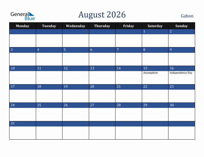 August 2026 Gabon Calendar (Monday Start)