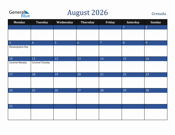 August 2026 Grenada Calendar (Monday Start)