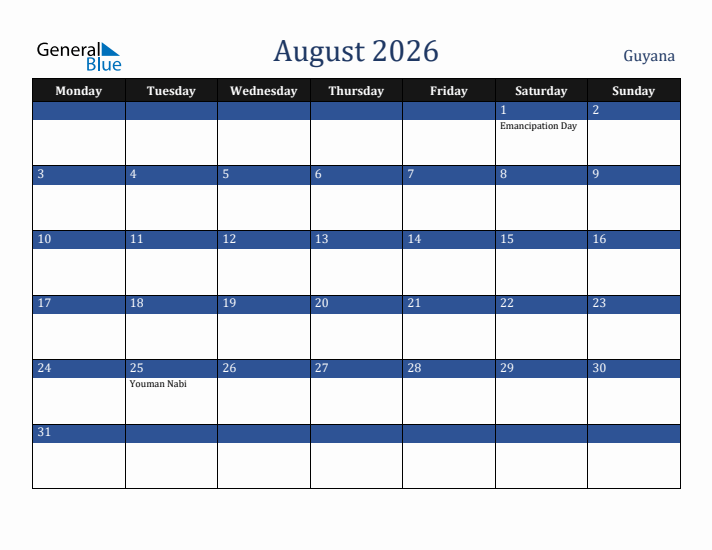 August 2026 Guyana Calendar (Monday Start)