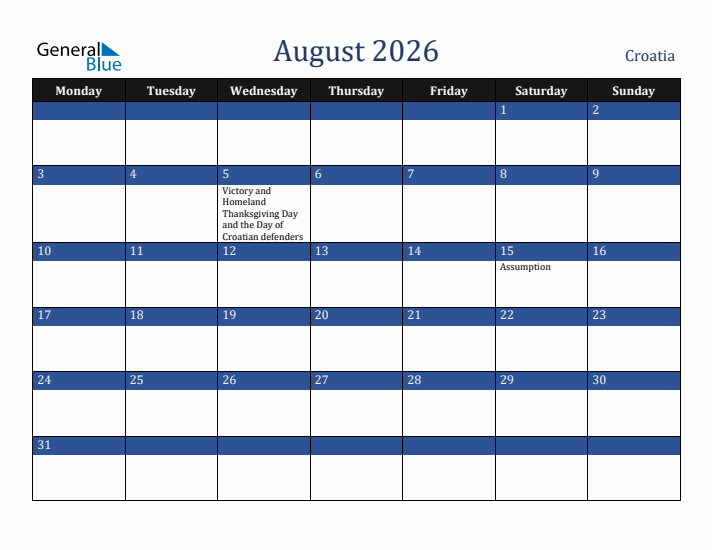August 2026 Croatia Calendar (Monday Start)