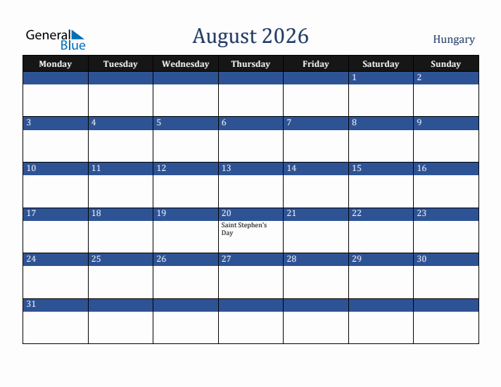 August 2026 Hungary Calendar (Monday Start)