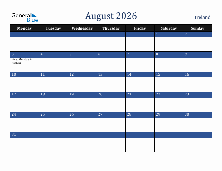 August 2026 Ireland Calendar (Monday Start)