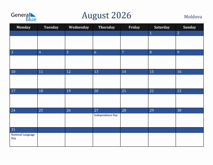 August 2026 Moldova Calendar (Monday Start)
