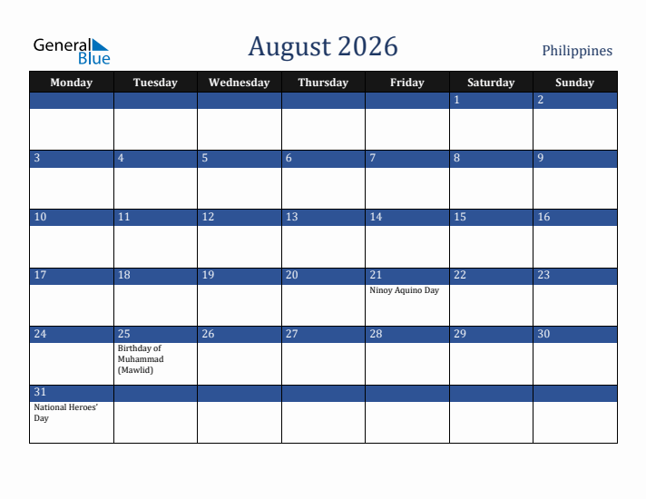 August 2026 Philippines Calendar (Monday Start)