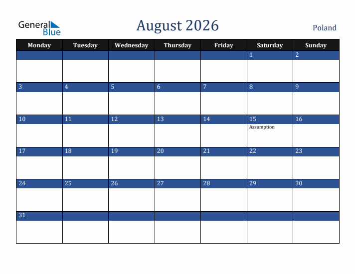 August 2026 Poland Calendar (Monday Start)