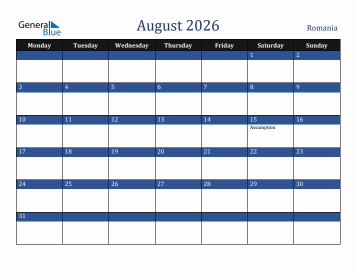 August 2026 Romania Calendar (Monday Start)