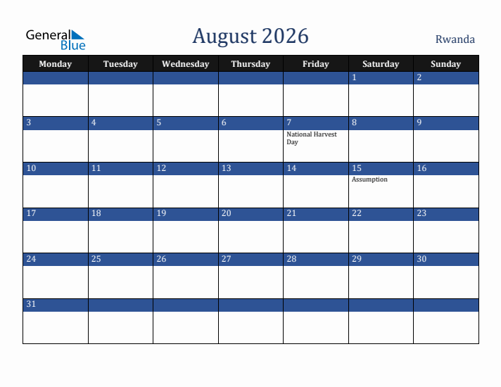 August 2026 Rwanda Calendar (Monday Start)