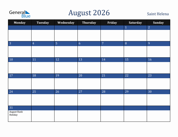 August 2026 Saint Helena Calendar (Monday Start)