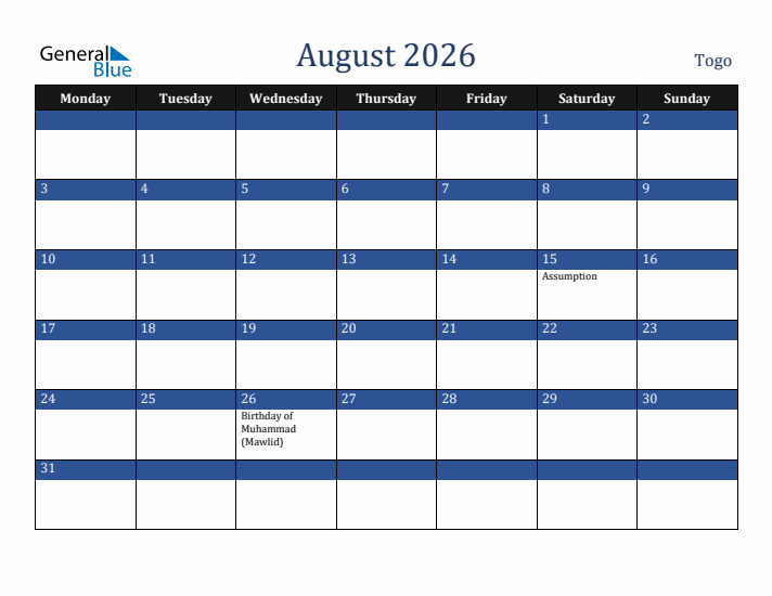 August 2026 Togo Calendar (Monday Start)