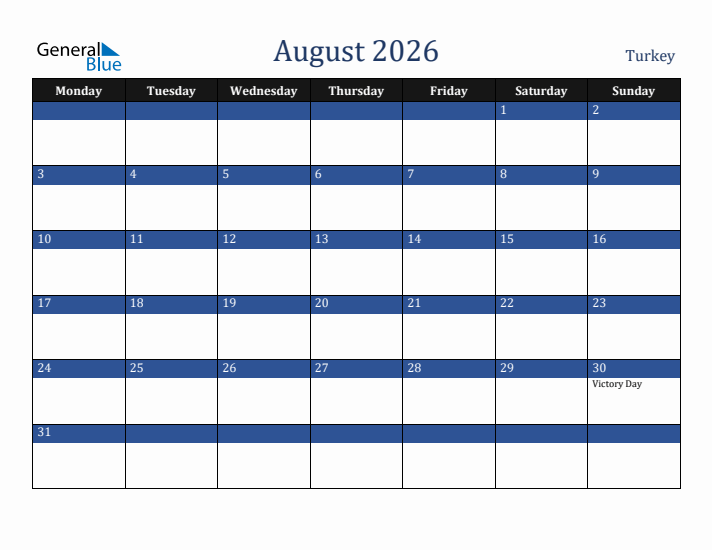 August 2026 Turkey Calendar (Monday Start)