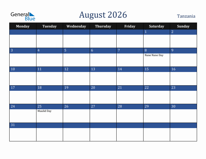 August 2026 Tanzania Calendar (Monday Start)