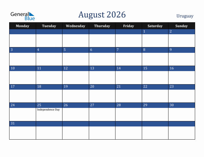 August 2026 Uruguay Calendar (Monday Start)