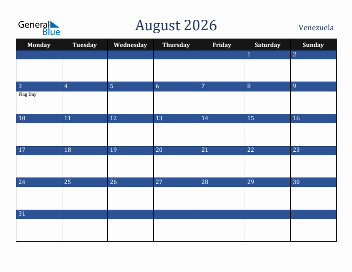August 2026 Venezuela Calendar (Monday Start)