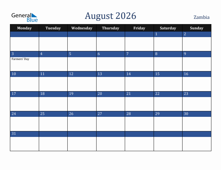 August 2026 Zambia Calendar (Monday Start)