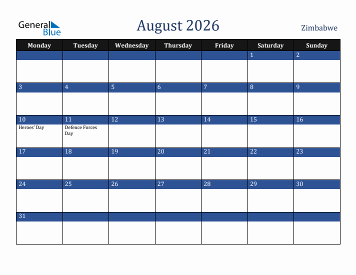 August 2026 Zimbabwe Calendar (Monday Start)
