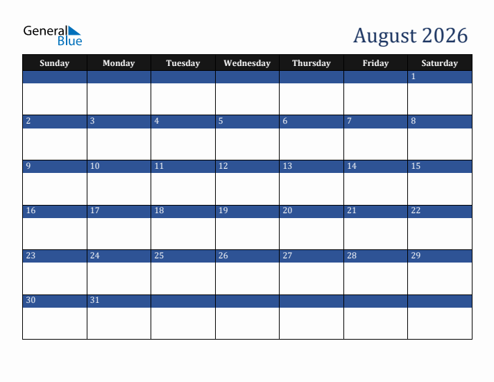 Sunday Start Calendar for August 2026