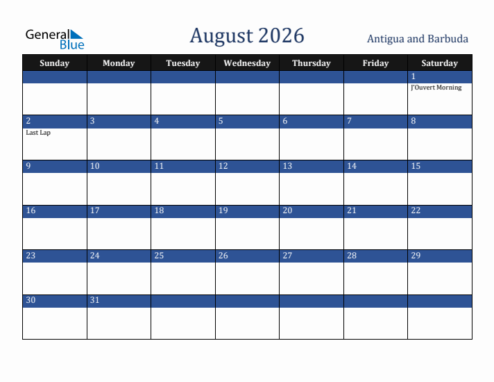 August 2026 Antigua and Barbuda Calendar (Sunday Start)