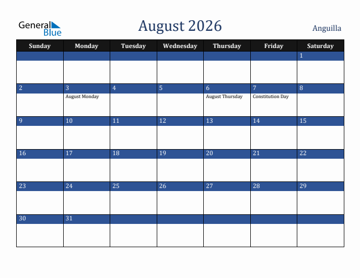 August 2026 Anguilla Calendar (Sunday Start)