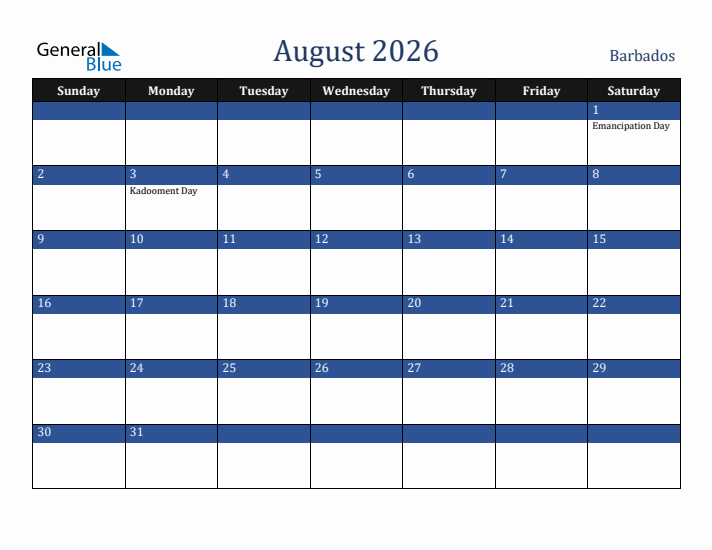 August 2026 Barbados Calendar (Sunday Start)