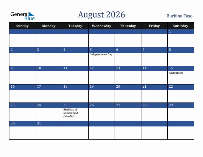 August 2026 Burkina Faso Calendar (Sunday Start)