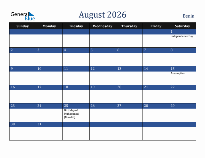 August 2026 Benin Calendar (Sunday Start)