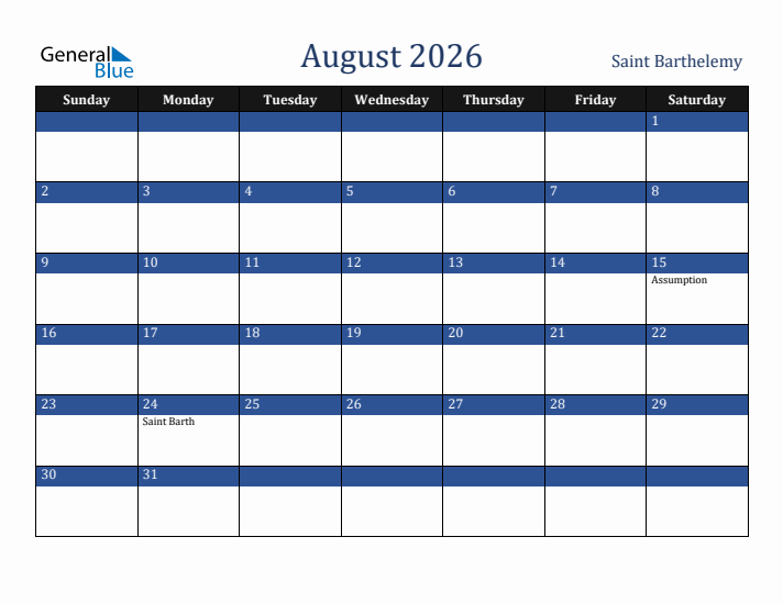 August 2026 Saint Barthelemy Calendar (Sunday Start)