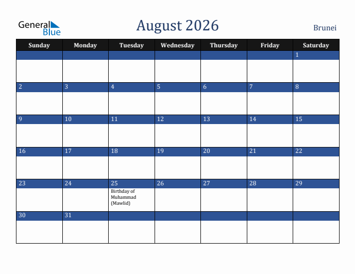 August 2026 Brunei Calendar (Sunday Start)