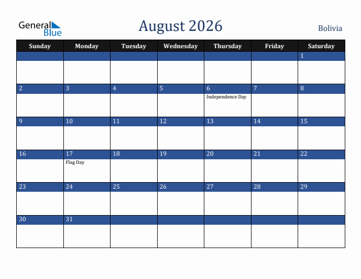 August 2026 Bolivia Calendar (Sunday Start)
