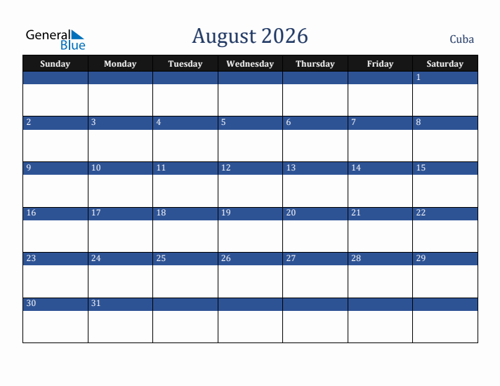 August 2026 Cuba Calendar (Sunday Start)