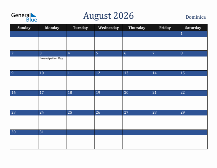 August 2026 Dominica Calendar (Sunday Start)