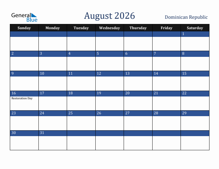 August 2026 Dominican Republic Calendar (Sunday Start)