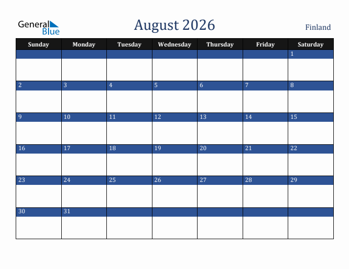 August 2026 Finland Calendar (Sunday Start)