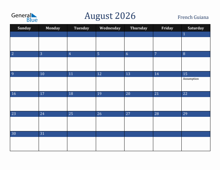 August 2026 French Guiana Calendar (Sunday Start)