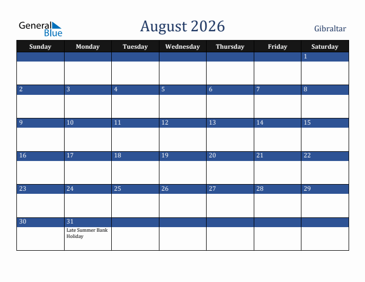August 2026 Gibraltar Calendar (Sunday Start)