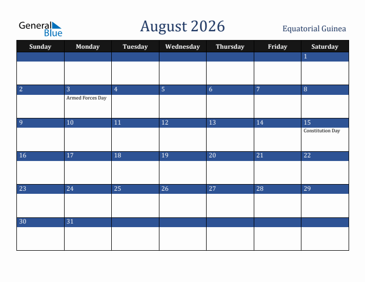 August 2026 Equatorial Guinea Calendar (Sunday Start)