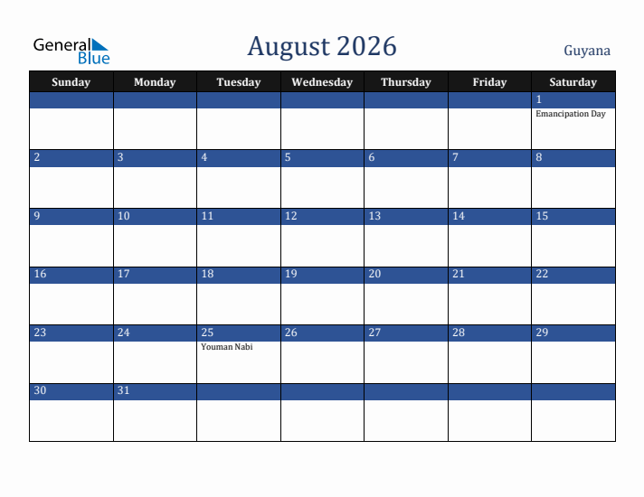 August 2026 Guyana Calendar (Sunday Start)