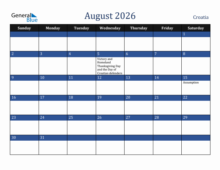 August 2026 Croatia Calendar (Sunday Start)