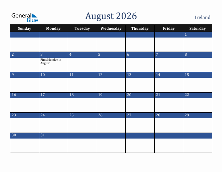 August 2026 Ireland Calendar (Sunday Start)