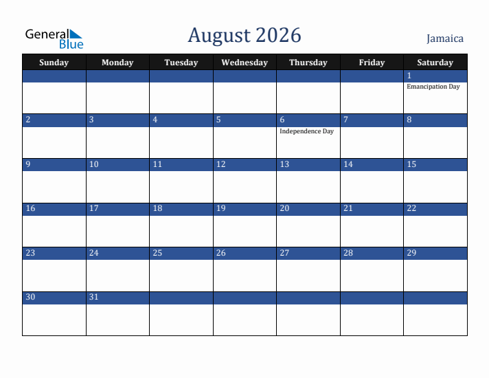 August 2026 Jamaica Calendar (Sunday Start)
