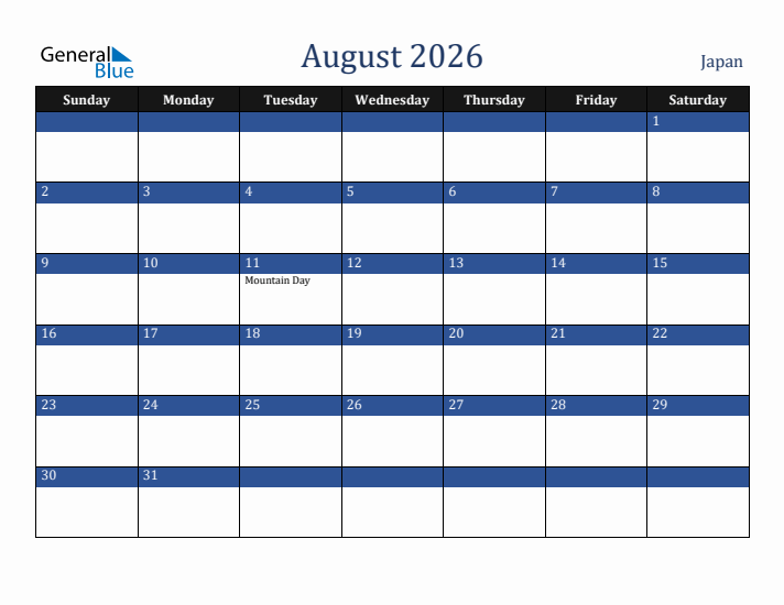 August 2026 Japan Calendar (Sunday Start)