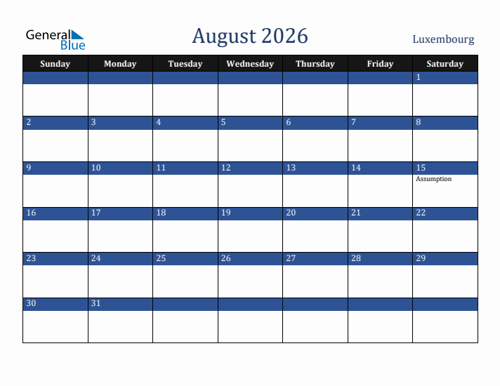 August 2026 Luxembourg Calendar (Sunday Start)