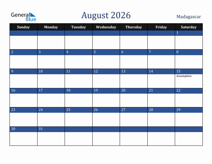 August 2026 Madagascar Calendar (Sunday Start)