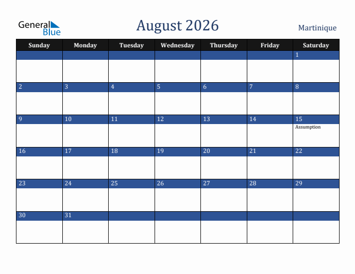 August 2026 Martinique Calendar (Sunday Start)
