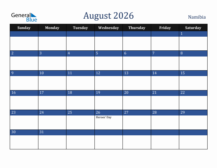 August 2026 Namibia Calendar (Sunday Start)